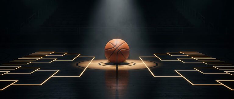 Basketball tournament bracket on a dark court floor with a spotlight, championship competition concept background.