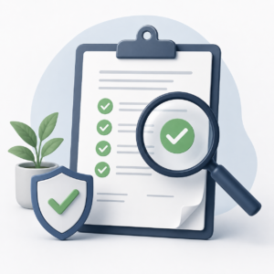 Clip board with Green Check marks on it with a magnifying glass looking at the green check marks