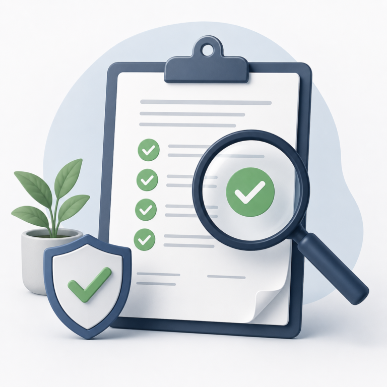 Clip board with Green Check marks on it with a magnifying glass looking at the green check marks