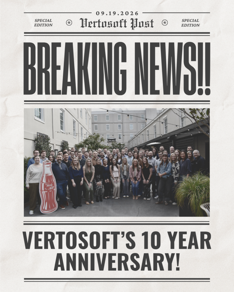 Newspaper front page stating "breaking News... Vertosoft's 10 Year Anniversary"